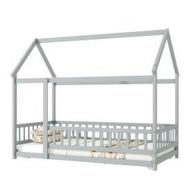 Twin Size House Floor Wooden Bed With Roof Frame, Safety Guardrails