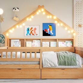 Wood Full Size House Platform Beds With Led, Storage Shelves, Drawers And Guardrail 30 Wood Full Size House Platform Beds With Led, Storage Shelves, Drawers And Guardrail