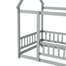 Twin Size House Floor Wooden Bed With Roof Frame, Safety Guardrails