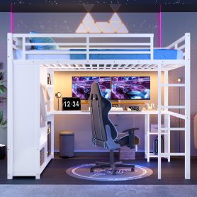 Metal Queen Size Loft Bed Frame With Built-in Wardrobe, Desk And Storage Shelves