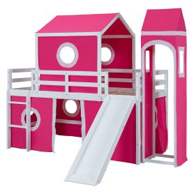 Twin Size Loft Bed with Slide Pink Tent and Tower