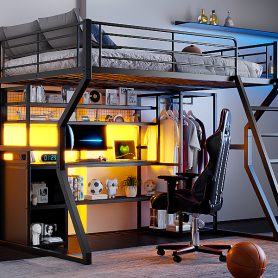 Full Size Metal Gaming Loft Bed with Built-in Work Station, Open Wardrobe, LED and Multiple Storage 39 Full Size Metal Gaming Loft Bed with Built-in Work Station, Open Wardrobe, LED and Multiple Storage