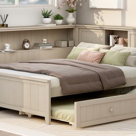 Full Size Wood Daybed with Storage Shelves and Trundle