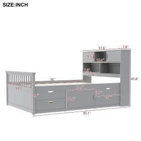 Full Size Captain Platform Bed Frame With Storage Bookcases, Shelves And Four Drawers