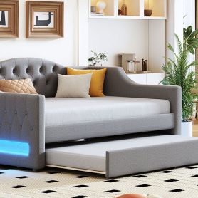 Upholstered Full XL Size Daybed with LED Belt and Trundle