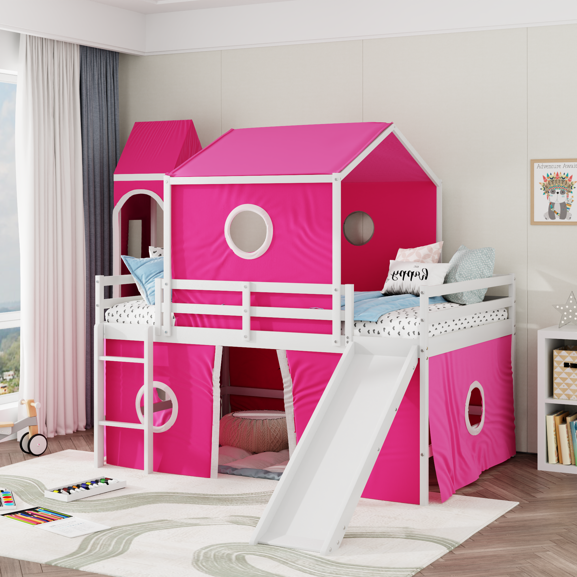 Full Size Loft  Bed With Slide, Tent And Tower