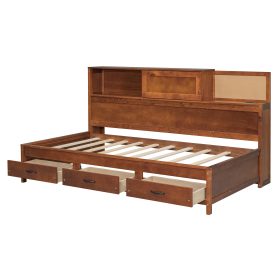 Wooden Twin Size Daybed with 3 Storage Drawers, Upper Soft Board, Shelf, and a Set of Sockets and USB Ports