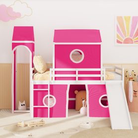 Twin Size Loft Bed with Slide Pink Tent and Tower