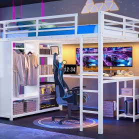 Metal Queen Size Loft Bed Frame With Built-in Wardrobe, Desk And Storage Shelves