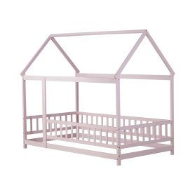 Wooden Twin Size House Floor Bed With Roof Frame, Safety Guardrails