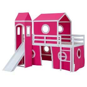 Twin Size Loft Bed with Slide Pink Tent and Tower