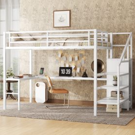 Metal Full Size Loft Bed With L-Shaped Desk, USB, Wardrobe And Adjustable Shelf