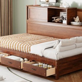 Wooden Twin Size Daybed with 3 Storage Drawers, Upper Soft Board, Shelf, and a Set of Sockets and USB Ports