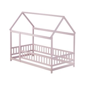 Wooden Twin Size House Floor Bed With Roof Frame, Safety Guardrails