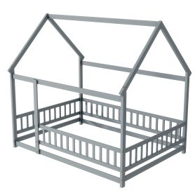Full Size House Floor Wooden Bed With Roof Frame, Safety Guardrails