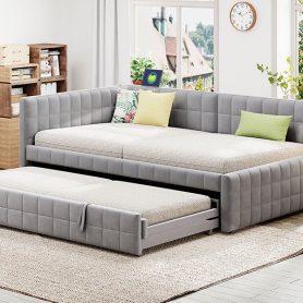 Full Size L-Shaped Upholstered Daybed with Twin Size Pop Up Trundle and USB ports