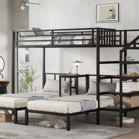 Twin XL over Twin & Twin Bunk Bed Metal Triple Bunk Bed with Desk & Shelves