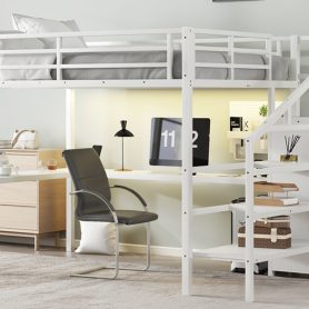 Metal Queen Size High Loft Bed with L-shaped Desk, USB, Wardrobe and Adjustable Shelf