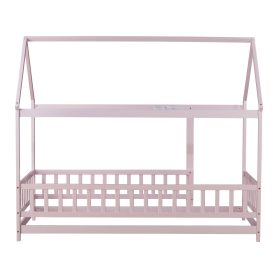 Wooden Twin Size House Floor Bed With Roof Frame, Safety Guardrails