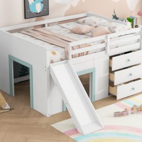 Full Size Low Loft Bed with Slide,Three Storage Drawers and Two Doors