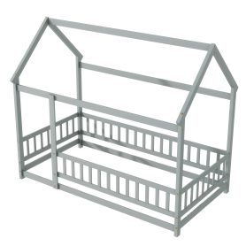 Twin Size House Floor Wooden Bed With Roof Frame, Safety Guardrails