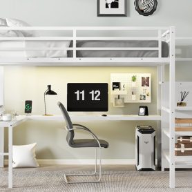 Metal Queen Size High Loft Bed with L-shaped Desk, USB, Wardrobe and Adjustable Shelf