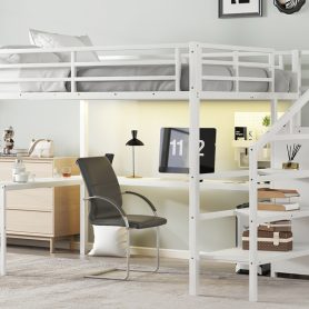 Metal Queen Size High Loft Bed with L-shaped Desk, USB, Wardrobe and Adjustable Shelf