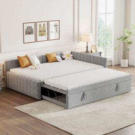 Full Size L-shaped Upholstered Daybed With Twin Size Pop Up Trundle