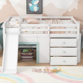 Full Size Low Loft Bed with Slide,Three Storage Drawers and Two Doors