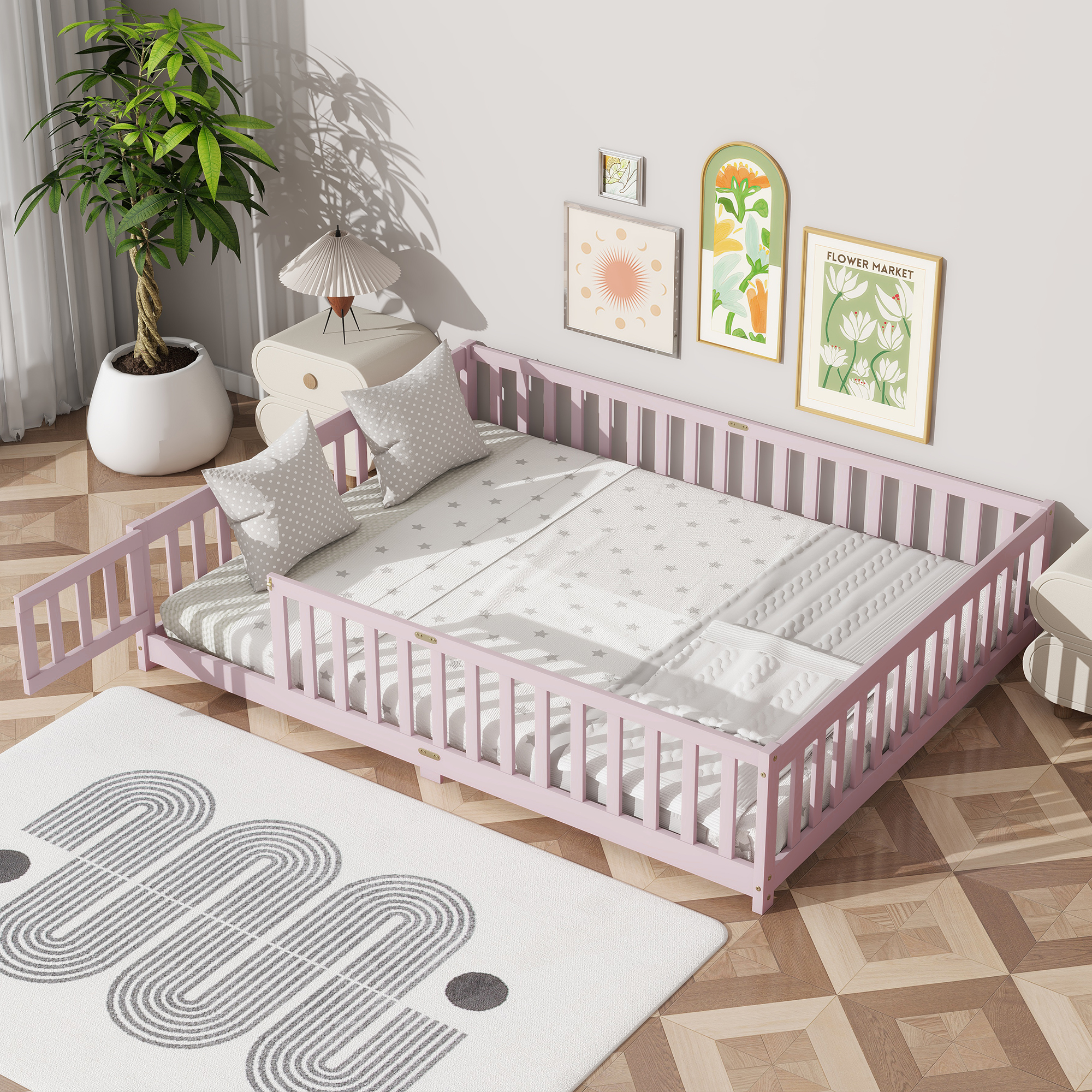 Rubber Wood Queen Size Floor Bed with Fence, Door and Safety Guardrails