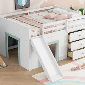 Full Size Low Loft Bed with Slide,Three Storage Drawers and Two Doors