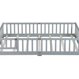Rubber Wood Queen Size Floor Bed with Fence, Door and Safety Guardrails