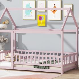 Wooden Twin Size House Floor Bed With Roof Frame, Safety Guardrails