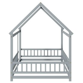Full Size House Floor Wooden Bed With Roof Frame, Safety Guardrails
