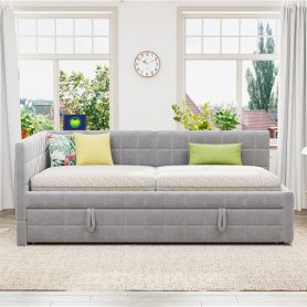 Full Size L-Shaped Upholstered Daybed with Twin Size Pop Up Trundle and USB ports
