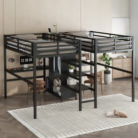 Twin Over Twin Metal Loft Bed with Double Desk, Wardrobe, Shelves and Electrical Outlet