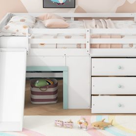 Full Size Low Loft Bed with Slide,Three Storage Drawers and Two Doors