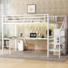Metal Full Size Loft Bed With L-Shaped Desk, USB, Wardrobe And Adjustable Shelf