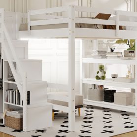 Full Size Loft Bed with Shelves, Storage Staircase, Wardrobe and LED Light