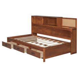 Wooden Twin Size Daybed with 3 Storage Drawers, Upper Soft Board, Shelf, and a Set of Sockets and USB Ports