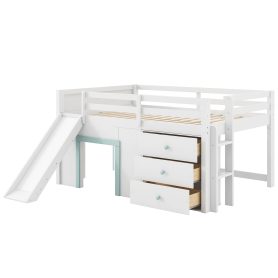 Full Size Low Loft Bed with Slide,Three Storage Drawers and Two Doors