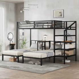 Twin XL over Twin & Twin Bunk Bed Metal Triple Bunk Bed with Desk & Shelves