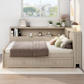 Full Size Wood Daybed with Storage Shelves and Trundle