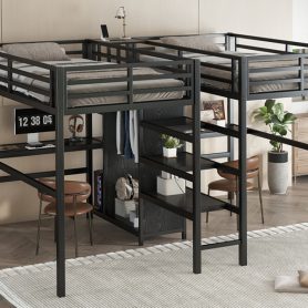 Twin Over Twin Metal Loft Bed with Double Desk, Wardrobe, Shelves and Electrical Outlet
