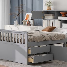 Full Size Captain Platform Bed Frame With Storage Bookcases, Shelves And Four Drawers