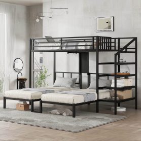 Twin XL over Twin & Twin Bunk Bed Metal Triple Bunk Bed with Desk & Shelves