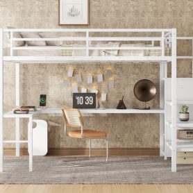 Metal Full Size Loft Bed With L-Shaped Desk, USB, Wardrobe And Adjustable Shelf