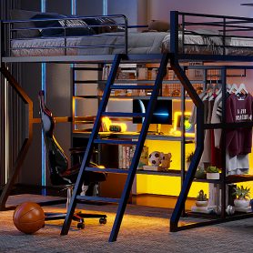 Full Size Metal Gaming Loft Bed with Built-in Work Station, Open Wardrobe, LED and Multiple Storage 36 Full Size Metal Gaming Loft Bed with Built-in Work Station, Open Wardrobe, LED and Multiple Storage