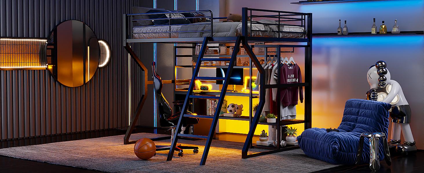 Full Size Metal Gaming Loft Bed with Built-in Work Station, Open Wardrobe, LED and Multiple Storage 17 Full Size Metal Gaming Loft Bed with Built-in Work Station, Open Wardrobe, LED and Multiple Storage