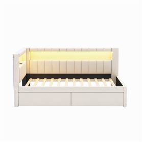 Upholstered Twin Size Platform Bed with USB Ports, 2 Drawers and LED Belt